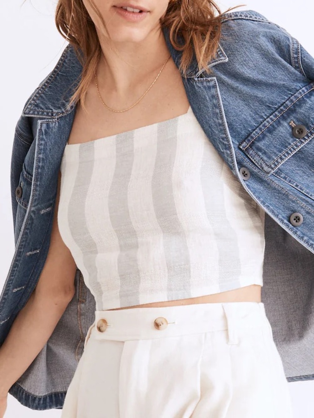 Madewell Linen Blend Abbie Crop Top in Stripe Glassware Blue White 2X NWOT NF238